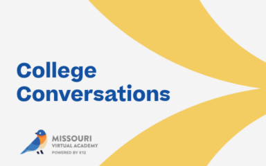 Missouri Virtual Academy College Conversations blog header featuring bold blue text, the MOVA logo, and curved yellow graphics on a white background.